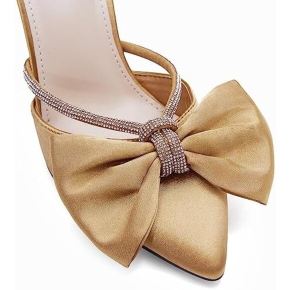 Brown Satin Bow Heels Pointed Closed Toe Sandals Rhinestone Wedding Shoes - Picture 4 of 6